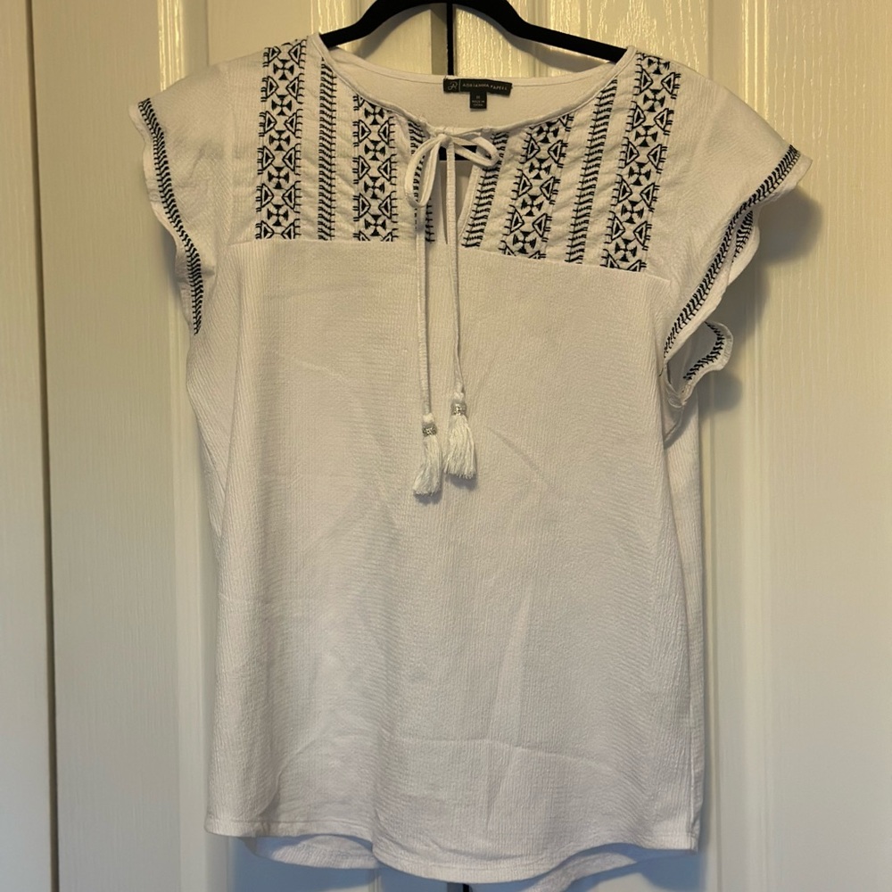 Adrianna Papell White and Black Embroidered Blouse